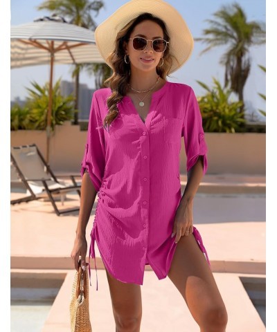 Women's Bathing Suit Cover Ups Bikini Swimsuit Coverup Drawstring Button Down Beach Dress Shirt Solid Bright Pink $13.18 Swim...