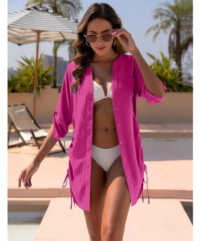 Women's Bathing Suit Cover Ups Bikini Swimsuit Coverup Drawstring Button Down Beach Dress Shirt Solid Bright Pink $13.18 Swim...