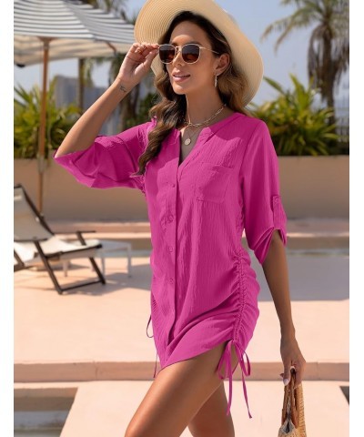 Women's Bathing Suit Cover Ups Bikini Swimsuit Coverup Drawstring Button Down Beach Dress Shirt Solid Bright Pink $13.18 Swim...