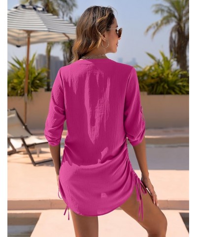 Women's Bathing Suit Cover Ups Bikini Swimsuit Coverup Drawstring Button Down Beach Dress Shirt Solid Bright Pink $13.18 Swim...