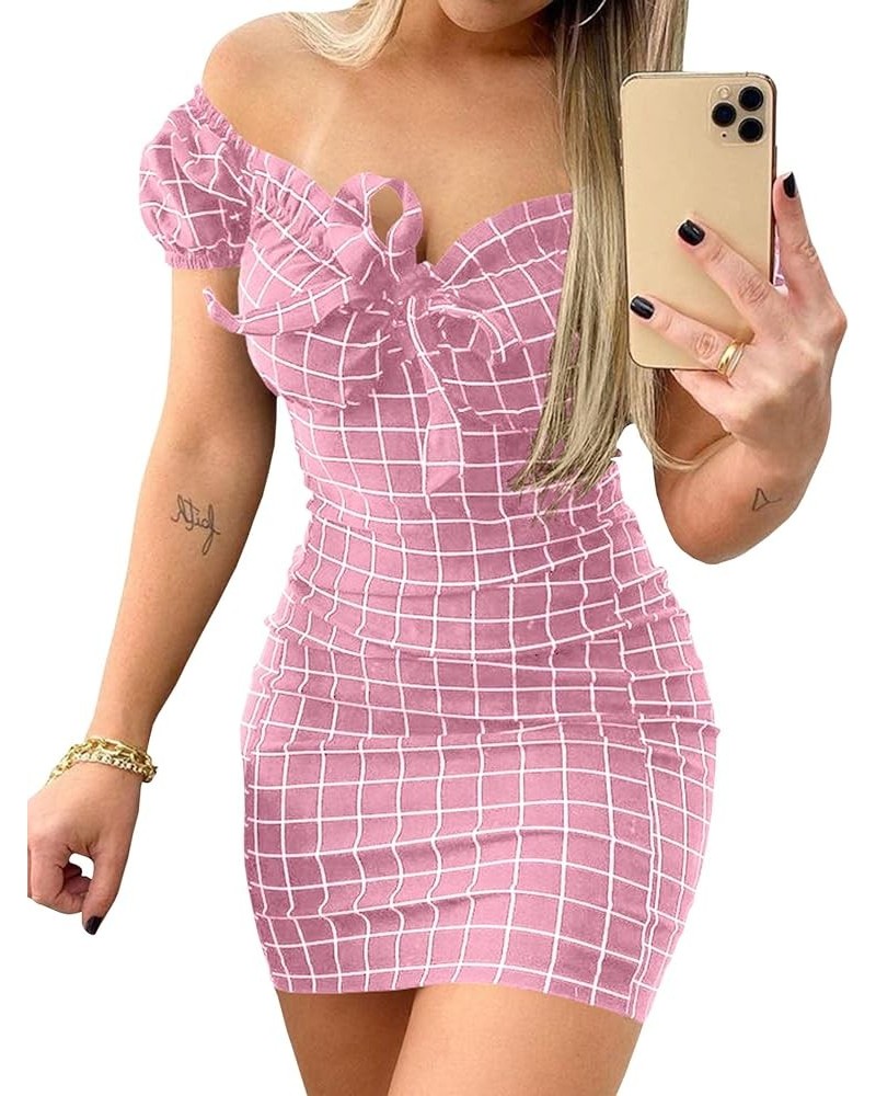 Women's Plaid Print Off Shoulder Sweetheart Neckline Mini Dress High Waist Tie Front Ruffled Short Dresses Pink $8.54 Dresses