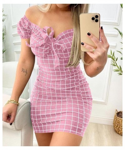 Women's Plaid Print Off Shoulder Sweetheart Neckline Mini Dress High Waist Tie Front Ruffled Short Dresses Pink $8.54 Dresses