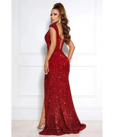 Sparkly Prom Dresses with Slit Long Mermaid Sequin Dress with Pleated Cold Shoulder Ball Gown for Women RO032 Grey $32.25 Dre...