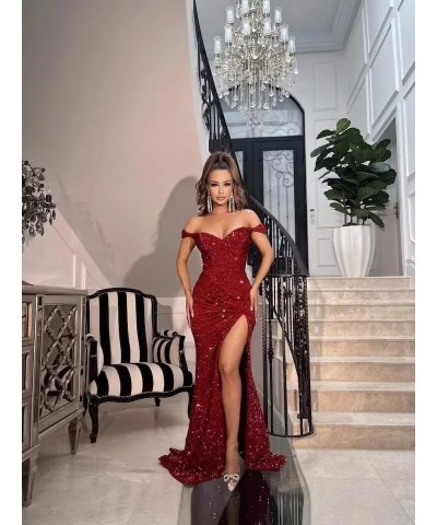 Sparkly Prom Dresses with Slit Long Mermaid Sequin Dress with Pleated Cold Shoulder Ball Gown for Women RO032 Grey $32.25 Dre...