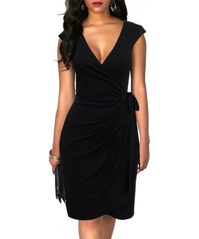 Women's Vintage V-Neck Sheath Casual Party Work Faux Black Wrap Dress Black $17.34 Dresses