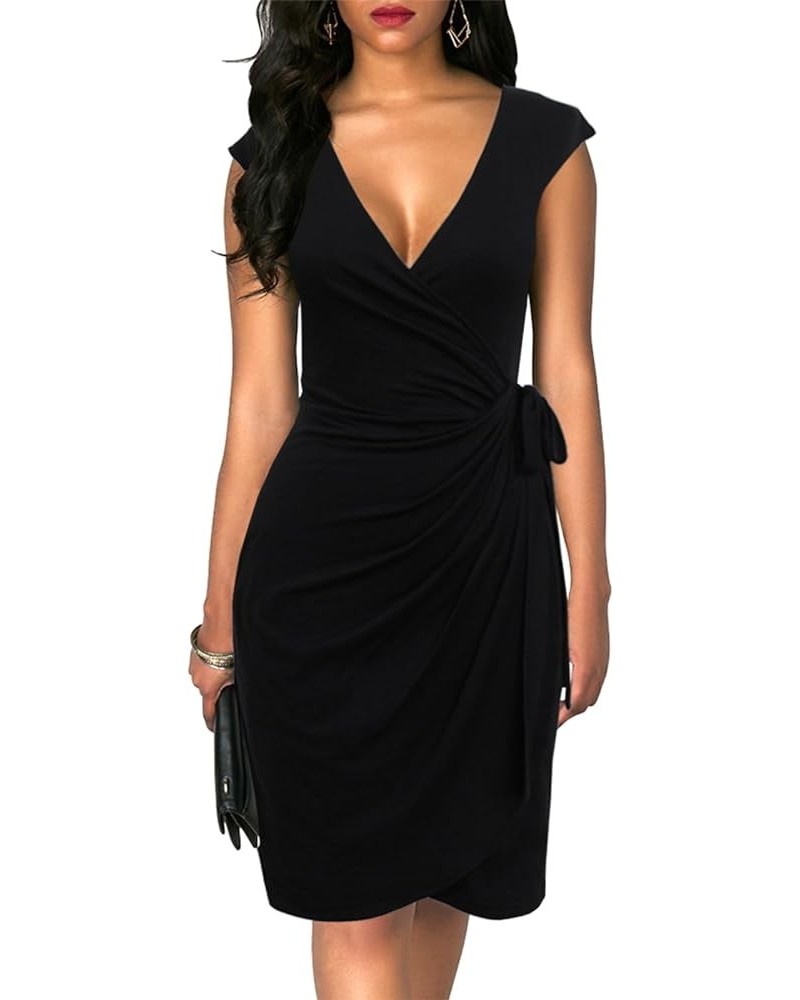 Women's Vintage V-Neck Sheath Casual Party Work Faux Black Wrap Dress Black $17.34 Dresses