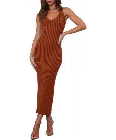 Women's 2024 Summer Sleeveless V Neck Knit Dress Ribbed Sweater Bodycon Tank Maxi Dresses Rust $18.90 Dresses