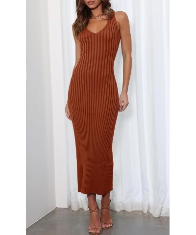 Women's 2024 Summer Sleeveless V Neck Knit Dress Ribbed Sweater Bodycon Tank Maxi Dresses Rust $18.90 Dresses