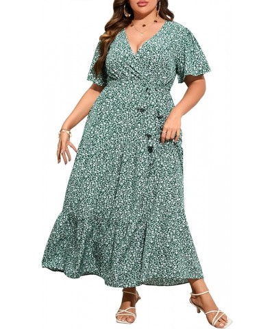 Womens Plus Size V Neck Wrap Maxi Dress High Waist Ruffle Summer Casual Dress with Belt Dark Green Floral $22.87 Dresses