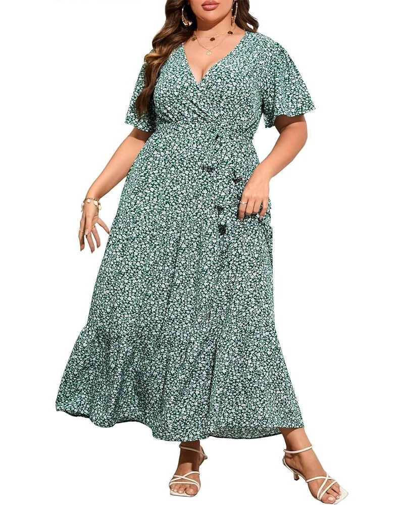 Womens Plus Size V Neck Wrap Maxi Dress High Waist Ruffle Summer Casual Dress with Belt Dark Green Floral $22.87 Dresses