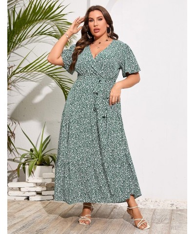 Womens Plus Size V Neck Wrap Maxi Dress High Waist Ruffle Summer Casual Dress with Belt Dark Green Floral $22.87 Dresses