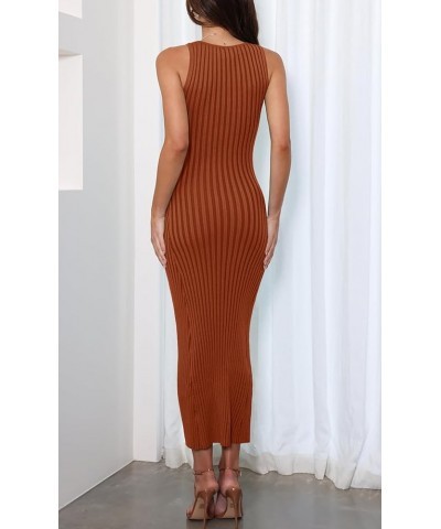 Women's 2024 Summer Sleeveless V Neck Knit Dress Ribbed Sweater Bodycon Tank Maxi Dresses Rust $18.90 Dresses