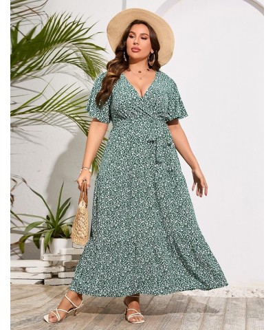 Womens Plus Size V Neck Wrap Maxi Dress High Waist Ruffle Summer Casual Dress with Belt Dark Green Floral $22.87 Dresses