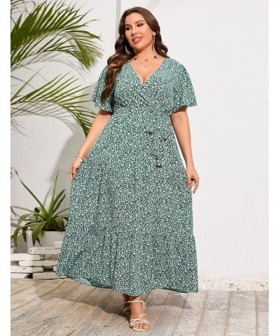 Womens Plus Size V Neck Wrap Maxi Dress High Waist Ruffle Summer Casual Dress with Belt Dark Green Floral $22.87 Dresses