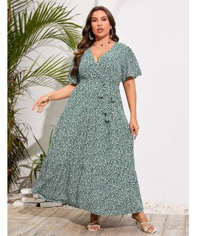 Womens Plus Size V Neck Wrap Maxi Dress High Waist Ruffle Summer Casual Dress with Belt Dark Green Floral $22.87 Dresses