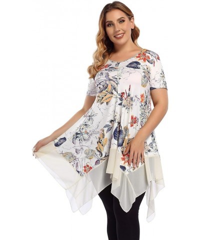 Womens Plus Size Irregular Hem Short Sleeve Loose Shirt Dress Top Apricotflower $12.80 Tops