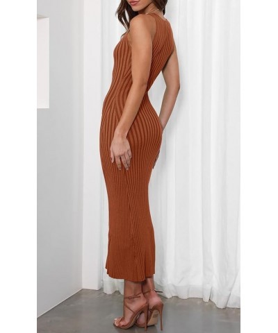 Women's 2024 Summer Sleeveless V Neck Knit Dress Ribbed Sweater Bodycon Tank Maxi Dresses Rust $18.90 Dresses