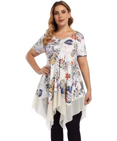 Womens Plus Size Irregular Hem Short Sleeve Loose Shirt Dress Top Apricotflower $12.80 Tops