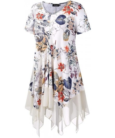 Womens Plus Size Irregular Hem Short Sleeve Loose Shirt Dress Top Apricotflower $12.80 Tops