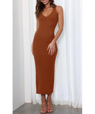 Women's 2024 Summer Sleeveless V Neck Knit Dress Ribbed Sweater Bodycon Tank Maxi Dresses Rust $18.90 Dresses