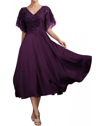 Beaded Sequin Mother of The Bride Dresses for Wedding Tea Length Lace Chiffon Mother of The Groom Dress Plum $34.00 Dresses