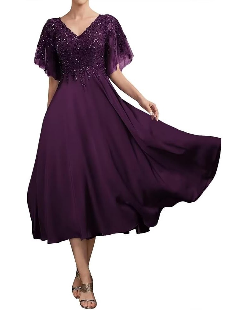 Beaded Sequin Mother of The Bride Dresses for Wedding Tea Length Lace Chiffon Mother of The Groom Dress Plum $34.00 Dresses