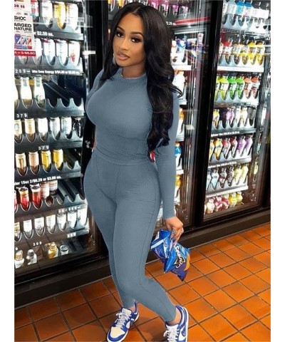 Casual Workout Two Piece Outfits for Women Crew Neck Ribbed Long Sleeved High Waist pants Matching Sets Streetwear Grey Blue ...