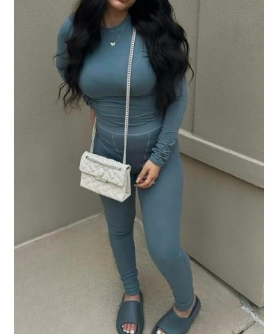 Casual Workout Two Piece Outfits for Women Crew Neck Ribbed Long Sleeved High Waist pants Matching Sets Streetwear Grey Blue ...