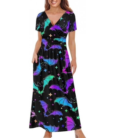 Women Short Sleeve Deep V-Neck Casual Long Dress Maxi Dresses with Pockets Galaxy Bats $17.48 Dresses