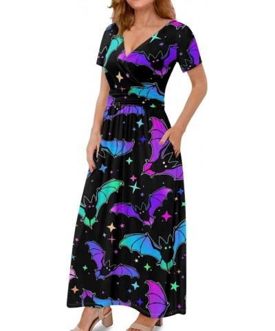 Women Short Sleeve Deep V-Neck Casual Long Dress Maxi Dresses with Pockets Galaxy Bats $17.48 Dresses