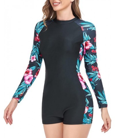 Boyleg Swimsuits for Women Long Sleeve One Piece Swimwear UV Rash Guard Bathing Suit Monokin Plants $9.88 Swimsuits