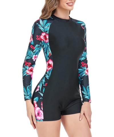 Boyleg Swimsuits for Women Long Sleeve One Piece Swimwear UV Rash Guard Bathing Suit Monokin Plants $9.88 Swimsuits