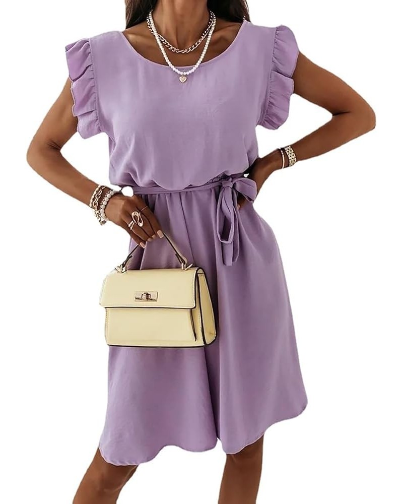 Women's Ruffle Sleeveless Tie Waist Scoop Neck A Line Casual Swing Mini Dress Purple $8.39 Dresses