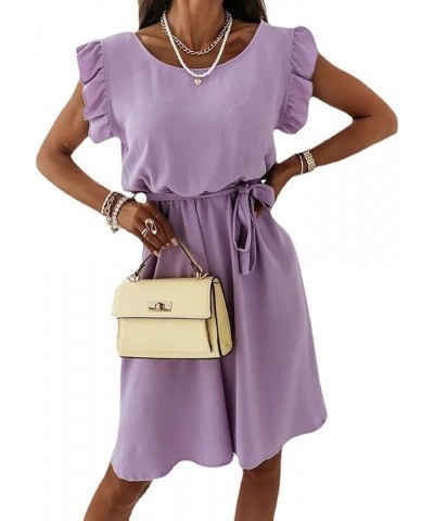 Women's Ruffle Sleeveless Tie Waist Scoop Neck A Line Casual Swing Mini Dress Purple $8.39 Dresses