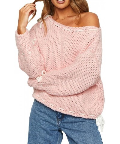 Women Off Shoulder Top Y2K Long Sleeve Lace Trim Knit Shirt Fashion Cute Solid Pullover Sweater O-bow Tie Up Sweater Pink $11...