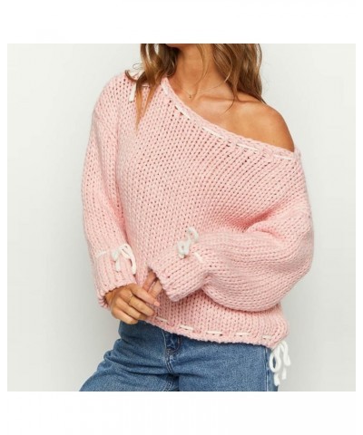 Women Off Shoulder Top Y2K Long Sleeve Lace Trim Knit Shirt Fashion Cute Solid Pullover Sweater O-bow Tie Up Sweater Pink $11...