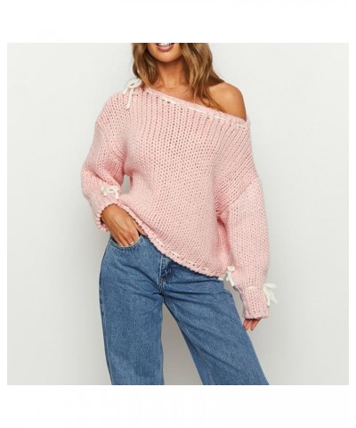 Women Off Shoulder Top Y2K Long Sleeve Lace Trim Knit Shirt Fashion Cute Solid Pullover Sweater O-bow Tie Up Sweater Pink $11...