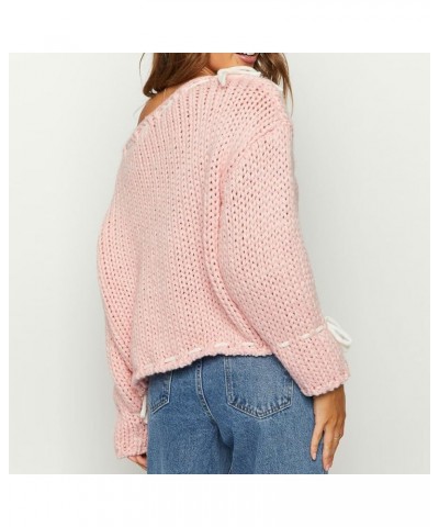 Women Off Shoulder Top Y2K Long Sleeve Lace Trim Knit Shirt Fashion Cute Solid Pullover Sweater O-bow Tie Up Sweater Pink $11...