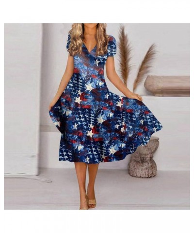 Summer Dresses for Women 2023, Short Sleeve V Neck Dresses Star Print Casual Fourth of July Dress Daily Dating 01-dark Blue $...