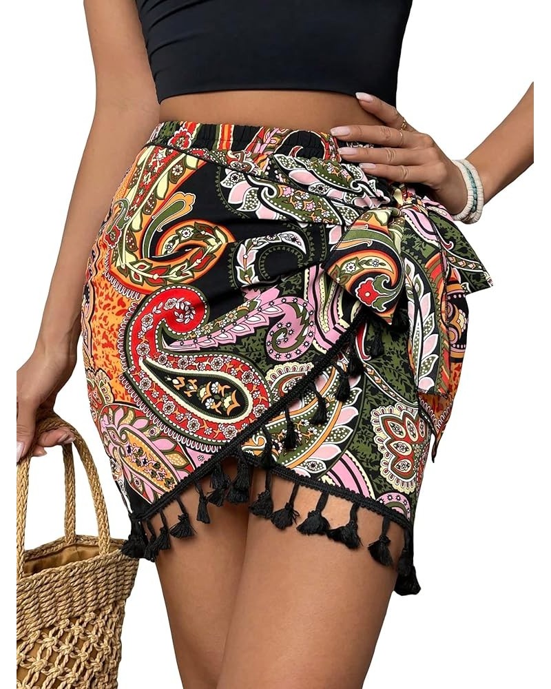 Women's Boho Print Elastic Waist Wrap Tie Front Tassel Trim Short Skirt Multicolor $16.81 Skirts