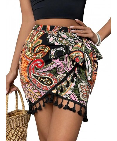 Women's Boho Print Elastic Waist Wrap Tie Front Tassel Trim Short Skirt Multicolor $16.81 Skirts