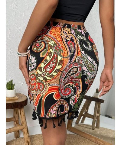 Women's Boho Print Elastic Waist Wrap Tie Front Tassel Trim Short Skirt Multicolor $16.81 Skirts