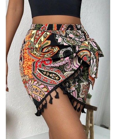 Women's Boho Print Elastic Waist Wrap Tie Front Tassel Trim Short Skirt Multicolor $16.81 Skirts