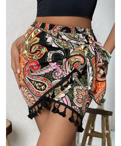 Women's Boho Print Elastic Waist Wrap Tie Front Tassel Trim Short Skirt Multicolor $16.81 Skirts