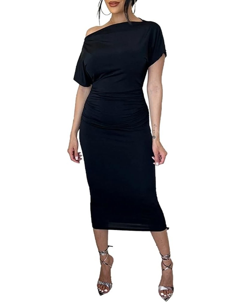 Women's Sexy Off One Shoulder Boodycon Midi Dress Short Sleeve Ruched Slim Fit Party Midi Dress Black $14.80 Dresses