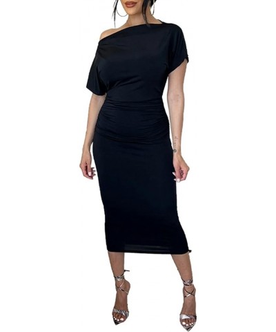 Women's Sexy Off One Shoulder Boodycon Midi Dress Short Sleeve Ruched Slim Fit Party Midi Dress Black $14.80 Dresses