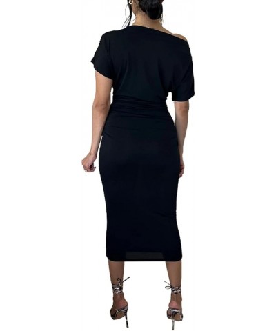 Women's Sexy Off One Shoulder Boodycon Midi Dress Short Sleeve Ruched Slim Fit Party Midi Dress Black $14.80 Dresses