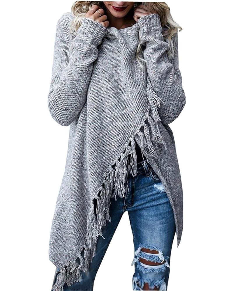 Women's Open Front Knited Tassels Slash Loose Cardigan Crew Neck Speckled Fringe Sweater Outwear Light Grey $17.26 Sweaters