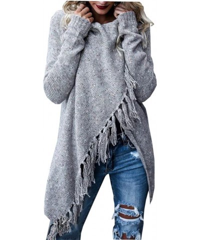 Women's Open Front Knited Tassels Slash Loose Cardigan Crew Neck Speckled Fringe Sweater Outwear Light Grey $17.26 Sweaters