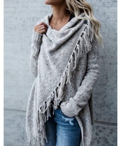 Women's Open Front Knited Tassels Slash Loose Cardigan Crew Neck Speckled Fringe Sweater Outwear Light Grey $17.26 Sweaters